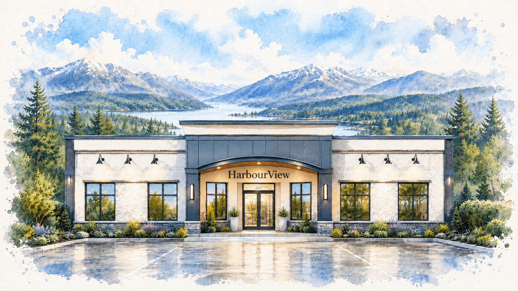 Watercolour illustration of Harbour View Dental clinic in Port Alberni